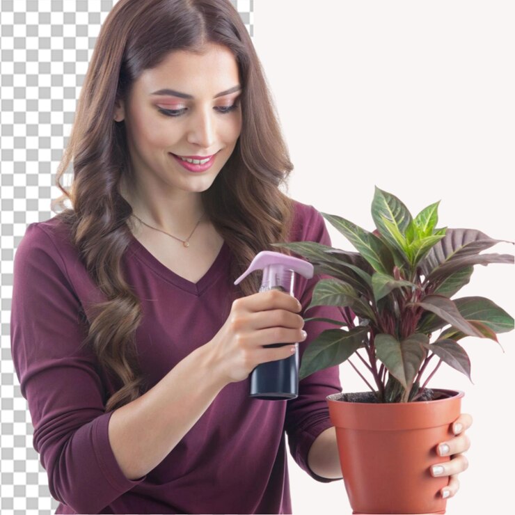 PSD femme avec une bouteille de pulvérisation pulvérisant une plante d'intérieur sur un fond transparent