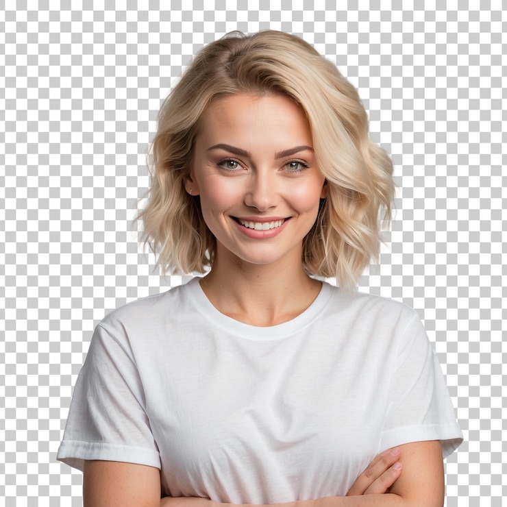 PSD une femme avec les bras croisés et une chemise blanche qui dit " elle porte un t-shirt blanc "