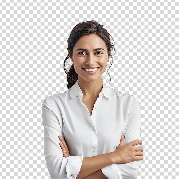 PSD une femme avec les bras croisés et une chemise blanche qui dit 