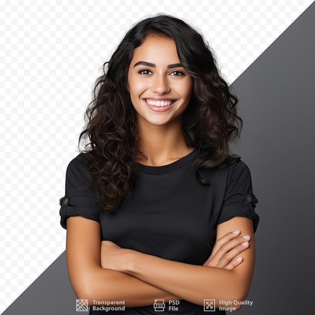 PSD une femme avec les bras croisés et une chemise noire avec les mots 