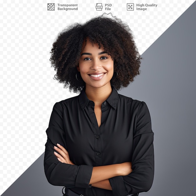 PSD une femme avec les bras croisés devant un logo pour le site web de l'entreprise