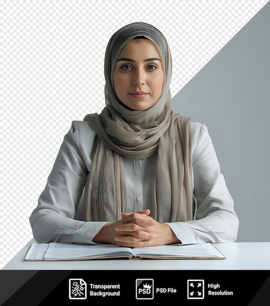 PSD une femme de bureau assise à la table avec un livre ouvert à la main portant un foulard gris contre un mur gris et blanc avec une main visible au premier plan png