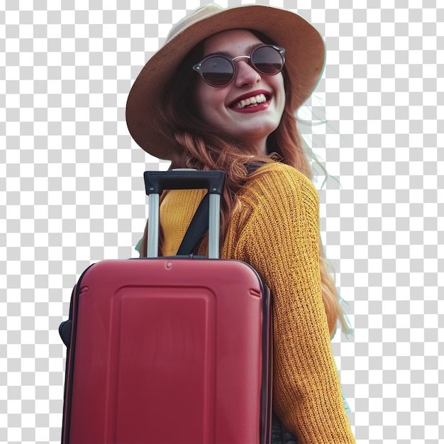 une femme avec un chapeau et des lunettes de soleil porte une valise rouge