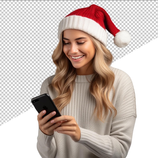 PSD une femme avec un chapeau de père noël envoie un texto sur son téléphone.