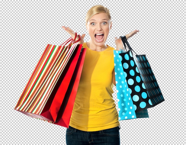 une femme avec une chemise jaune qui dit que j'aime faire du shopping