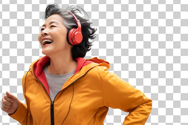 Femme chinoise d'âge moyen écoutant de la musique avec des écouteurs sur un fond de clé chromatique isolé