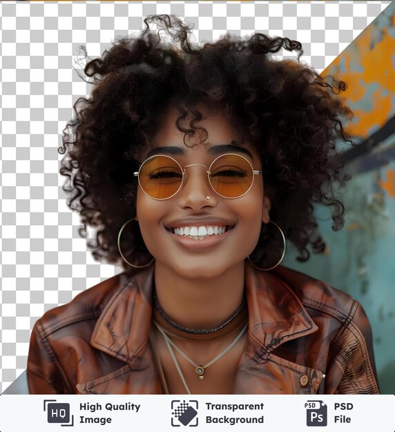 PSD une femme avec une coiffure afro souriante et portant des lunettes de soleil accessoires