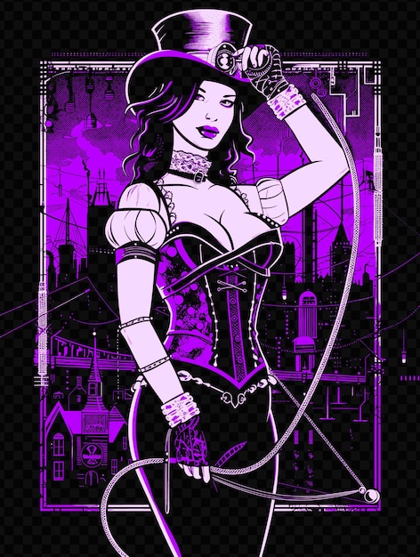 PSD femme avec un corset et un chapeau de haut tenant un fouet steampunk citys psd art design concept banner d'affiche