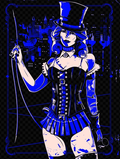 PSD femme avec un corset et un chapeau de haut tenant un fouet steampunk citys psd art design concept banner d'affiche