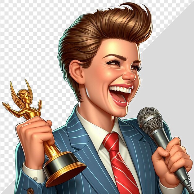 PSD une femme en costume avec un trophée et un microphone