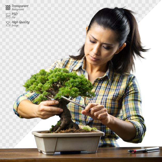 PSD une femme coupe méticuleusement un bonsai sur un bureau.