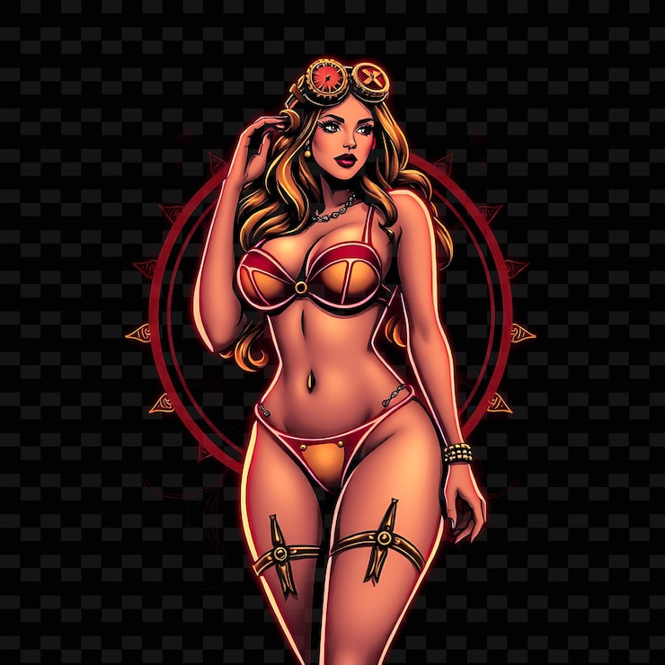 PSD femme courbe en bikini neon steampunk design artistique avec thème en bronze et métallique décoré avec des engrenages1