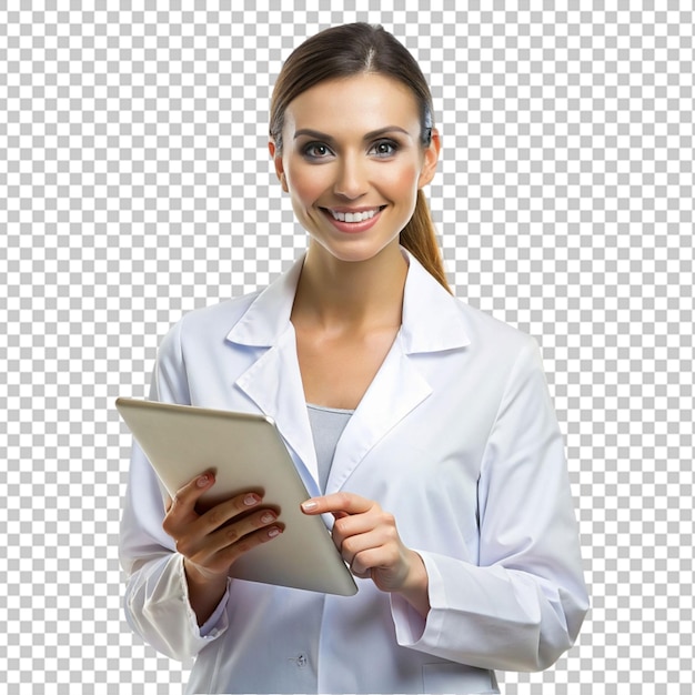 une femme dans un manteau de laboratoire tient une tablette