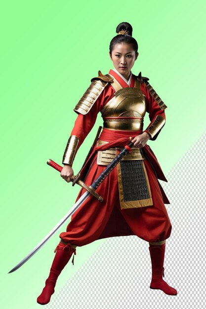 PSD une femme dans une tenue rouge et or avec une épée à la main