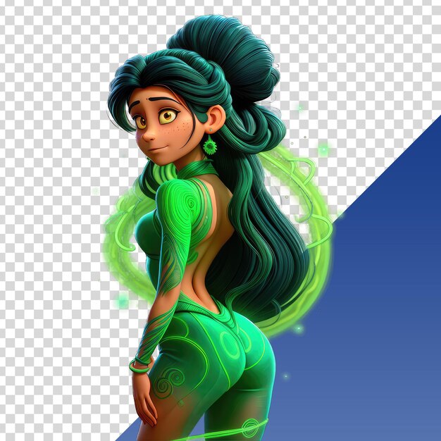 PSD une femme de dessin animé aux cheveux longs et une robe verte avec un cercle vert à gauche