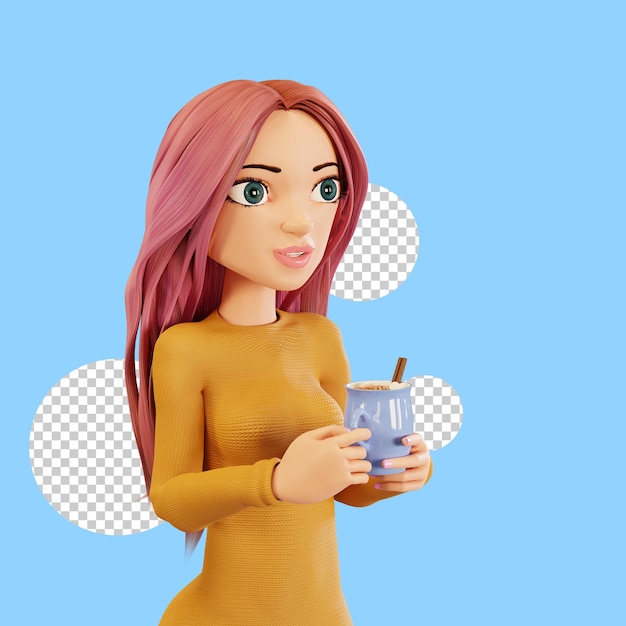 Femme De Dessin Animé Mignon Tenant Une Tasse De Cappuccino. Personnage De Rêve, Rendu 3d. Concept De La Saint-valentin