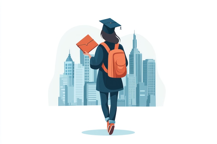 PSD une femme diplômée face à la ville.