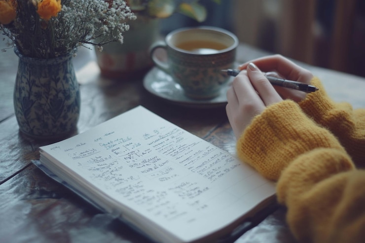 PSD une femme écrivant dans un cahier dans un café avec une tasse de thé