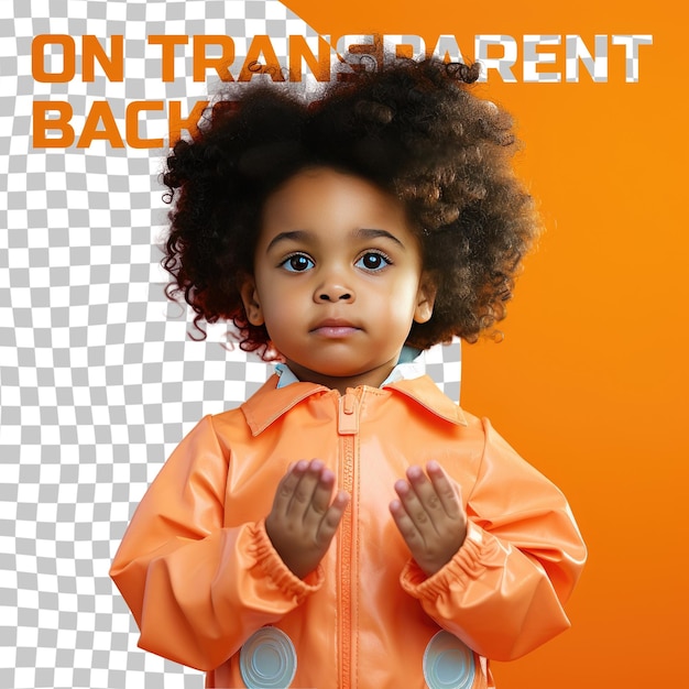 PSD une femme empowered toddler avec des cheveux kinky de l'ethnie uralienne vêtue de vêtements généticiens pose dans un style close up of hands sur un fond de mandarine pastel