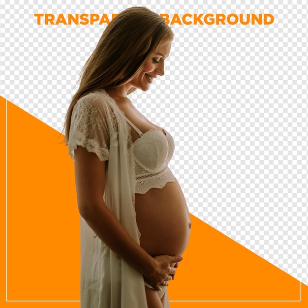 Une femme enceinte heureuse avec la main sur le ventre avec un papier peint transparent