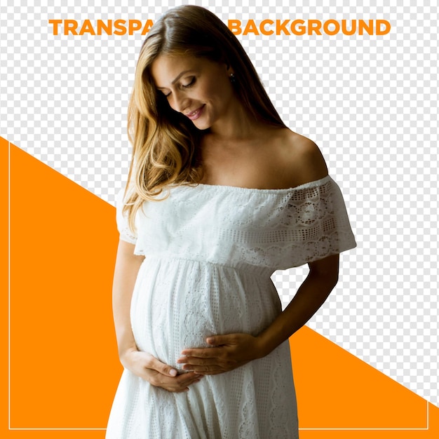 Une femme enceinte heureuse avec la main sur le ventre avec un papier peint transparent