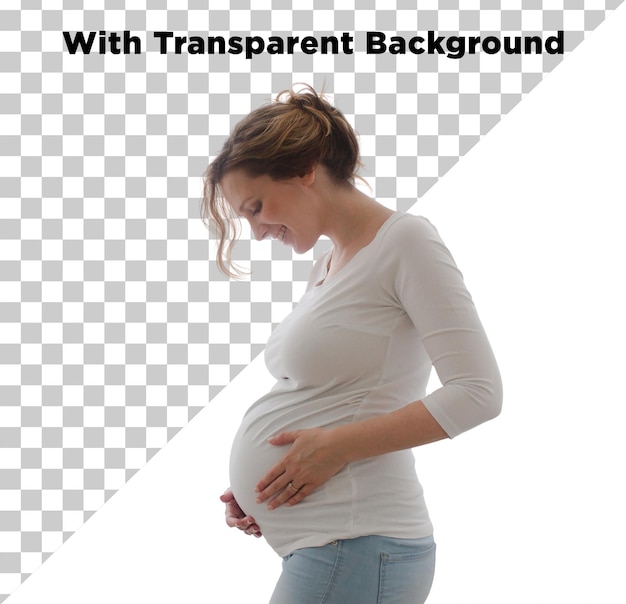 Une femme enceinte heureuse touchant son ventre PNG PSD isolé sur un fond transparent