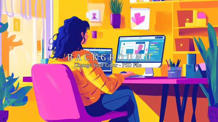 PSD une femme est assise à un bureau avec deux moniteurs d'ordinateur, l'un affichant un code et travaillant à domicile.