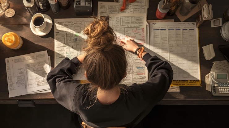 PSD une femme est assise à un bureau en train d'examiner des papiers entourée de papiers, d'une tasse de café et d'autres fournitures de bureau.