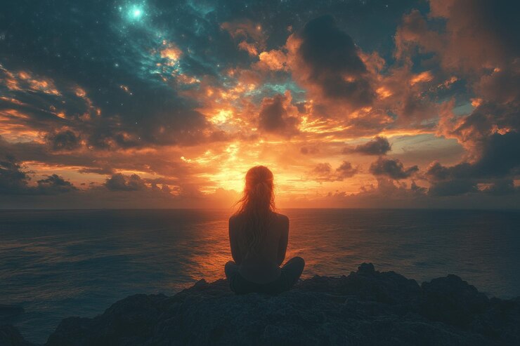PSD une femme est assise sur une falaise surplombant un vaste océan au coucher du soleil avec un ciel spectaculaire rempli de couleurs vives