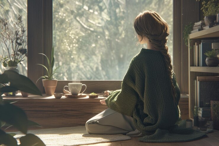 PSD une femme est assise sur le sol près d'une fenêtre regardant les arbres verts et la forêt il y a une tasse de thé ou de café fumant devant elle elle a une coiffure tressée et porte un pull vert