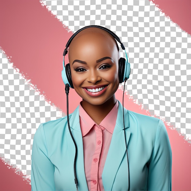 Une Femme étonnée Avec Les Cheveux Chauves De L'ethnie Afro-américaine Vêtue D'une Tenue De Représentant Du Centre D'appels Pose Dans Un Style One Shoulder Forward Contre Un Bac Pastel Turquoise