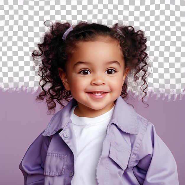 PSD une femme étonnée avec des cheveux ondulés de l'ethnie mongole vêtue d'une tenue de travailleur de la construction pose dans un style yeux fermés avec un sourire sur un fond pastel lilas