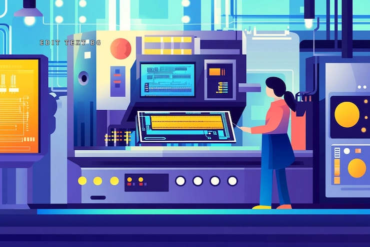 PSD une femme exploitant des machines industrielles avancées dans une usine futuriste