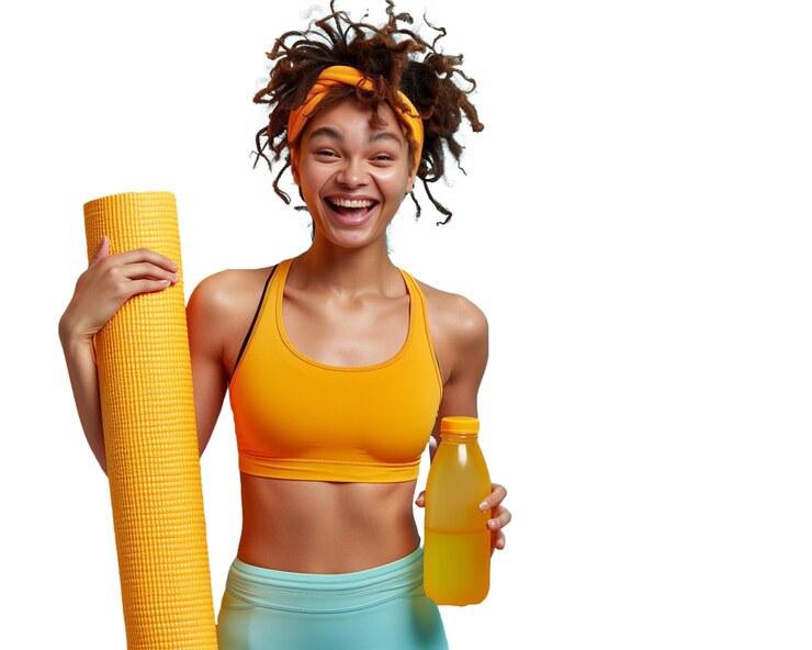PSD une femme de fitness joyeuse avec un tapis de yoga et une boisson