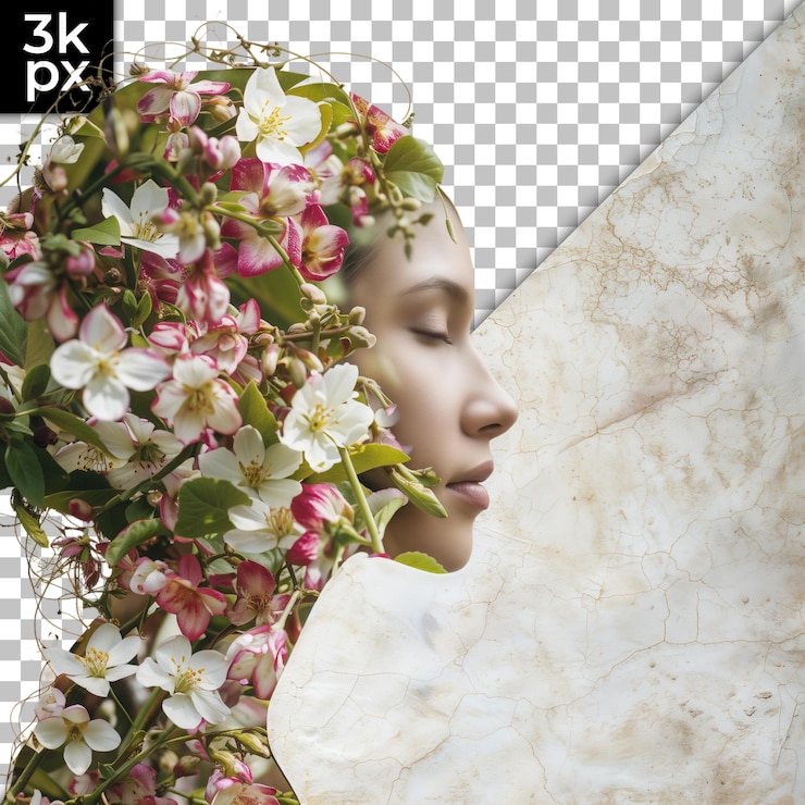 PSD une femme avec des fleurs sur la tête et le mot xm dessus