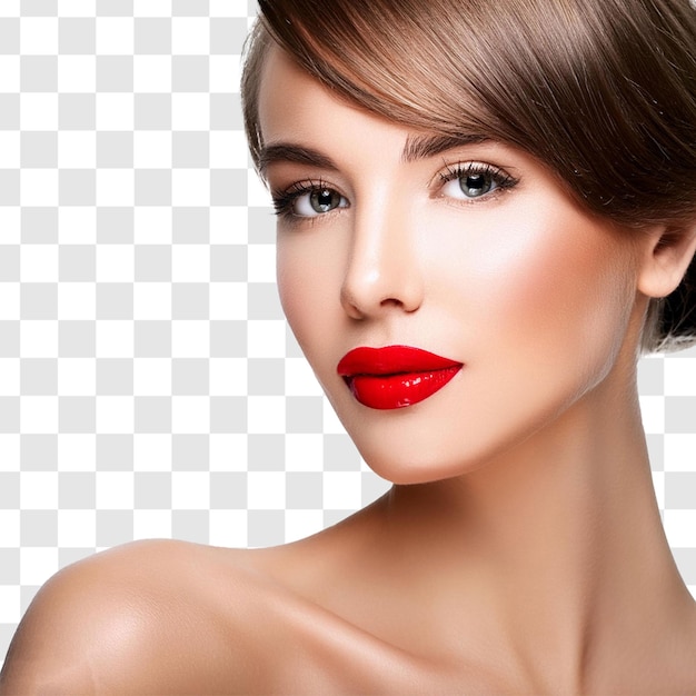 Une femme glamour avec du rouge à lèvres et une peau rayonnante