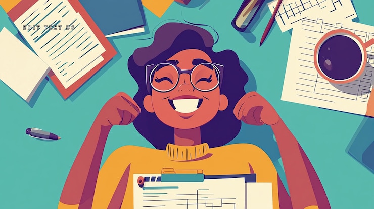 PSD une femme heureuse allongée sur des documents souriante entourée de fournitures de bureau et de café