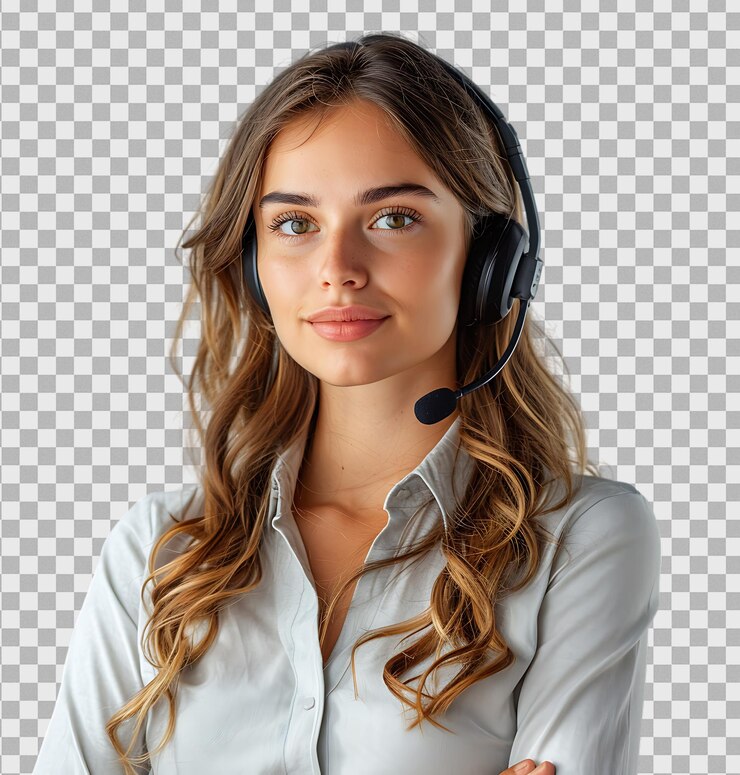 PSD femme heureuse communication de questions fréquemment posées sur un fond transparent