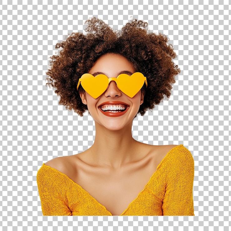 PSD une femme heureuse avec des lunettes de soleil en forme de cœur