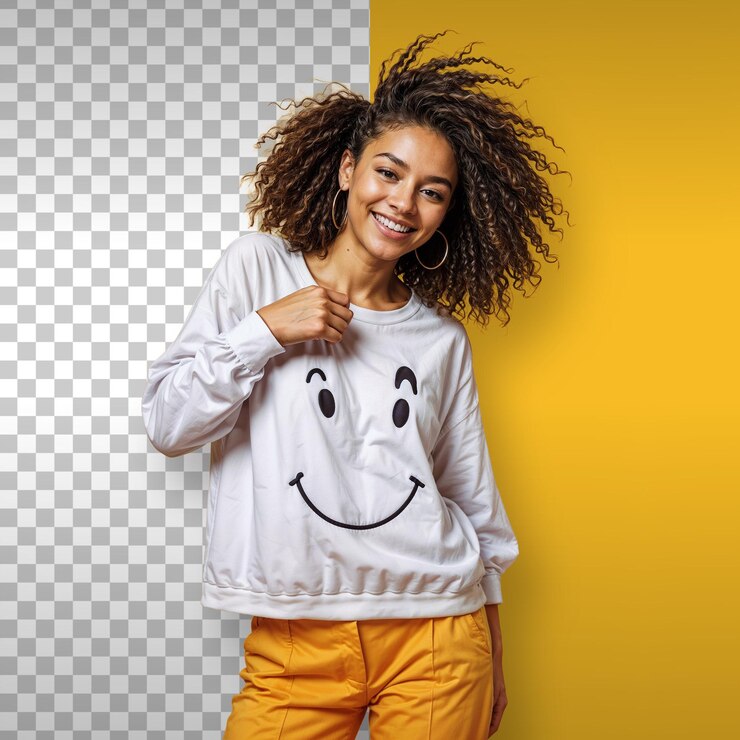 PSD une femme heureuse portant un sweat-shirt avec un visage souriant arrière-plan transparent