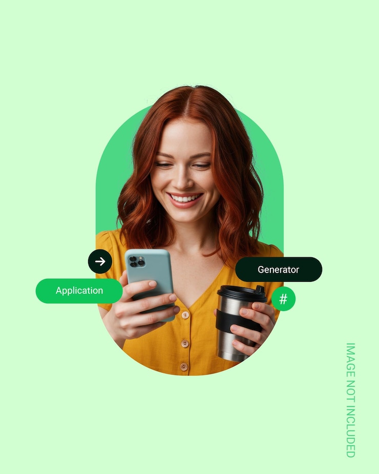 PSD une femme heureuse utilisant son smartphone avec une application de café et des étiquettes de générateur