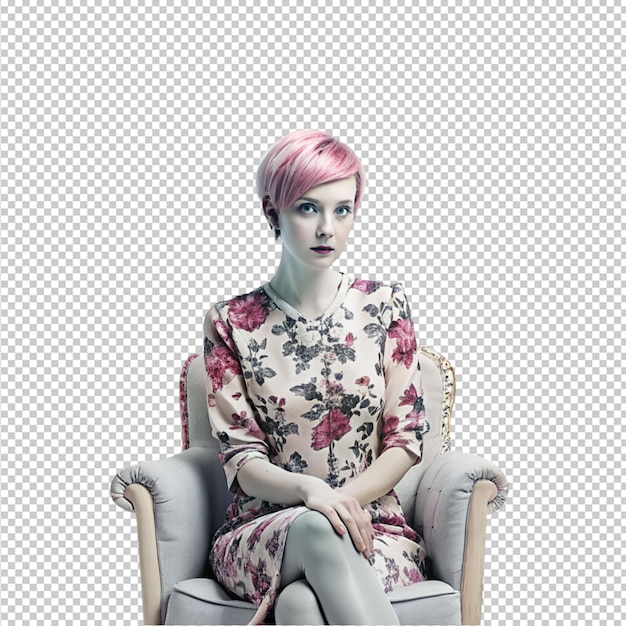 PSD une femme hipster portant une robe florale assise sur un fauteuil sur un fond transparent