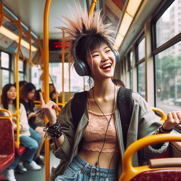 PSD une femme japonaise asiatique hyperréaliste écoutant de la musique et dansant dans l'affiche du bus