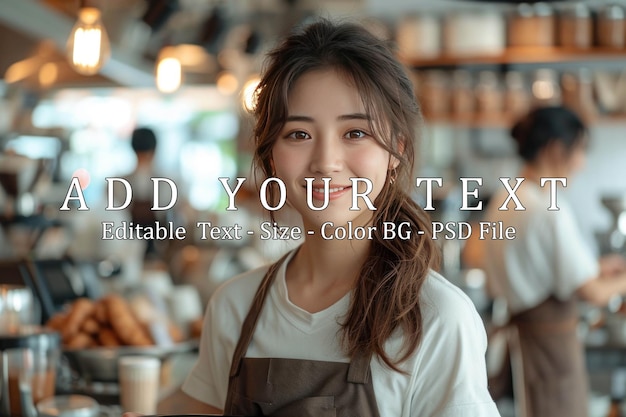 PSD une femme japonaise qui travaille dans un café sourit et porte du café.