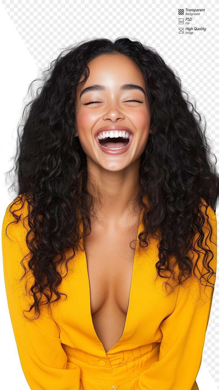 PSD une femme joyeuse en robe jaune riant symbolisant le bonheur et la positivité sur un fond transparent