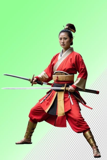 PSD une femme en kimono rouge avec une épée à la main