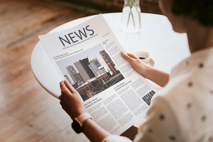PSD femme lisant une maquette de journal