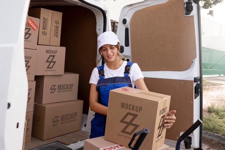 PSD femme de livraison travaillant et transportant des boîtes de la voiture