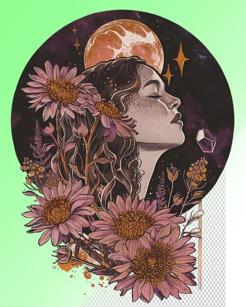 Une Femme Avec Une Lune Et Des Fleurs Dans Les Cheveux