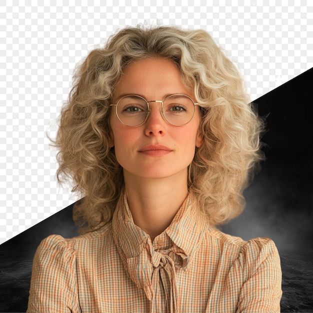 une femme avec des lunettes et une chemise qui dit blonde